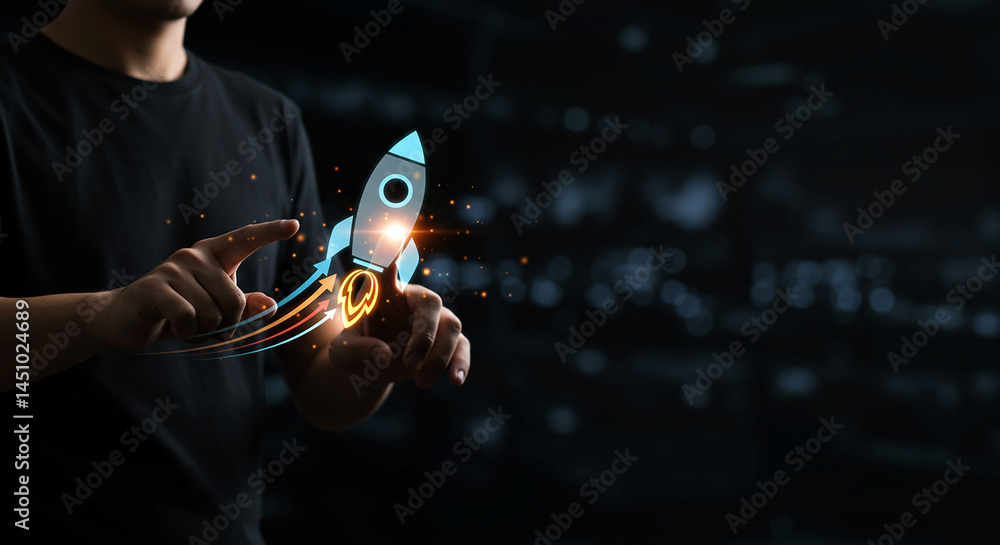 Poster a person touching a digital rocket ship with upward arrows on a dark background with bokeh lights se