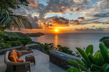 Fototapeta premium Stunning Tropical Sunset Ocean View Luxurious Patio Relaxation Peaceful Evening Golden Hour Idyllic Landscape Breathtaking Scenery Tranquil Coastal Paradise Serene Vacation Resort 