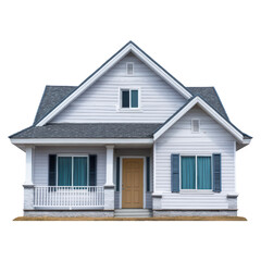Charming White House with Blue Shutters and Porch Surrounded by Green Grass Landscape, isolated on transparent background.