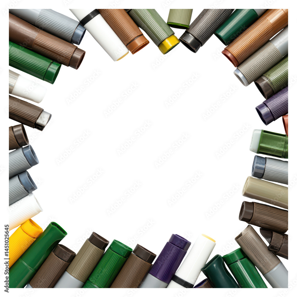 Aufkleber colorful assortment of empty paint bottles arranged in a circular frame on a white background, isola