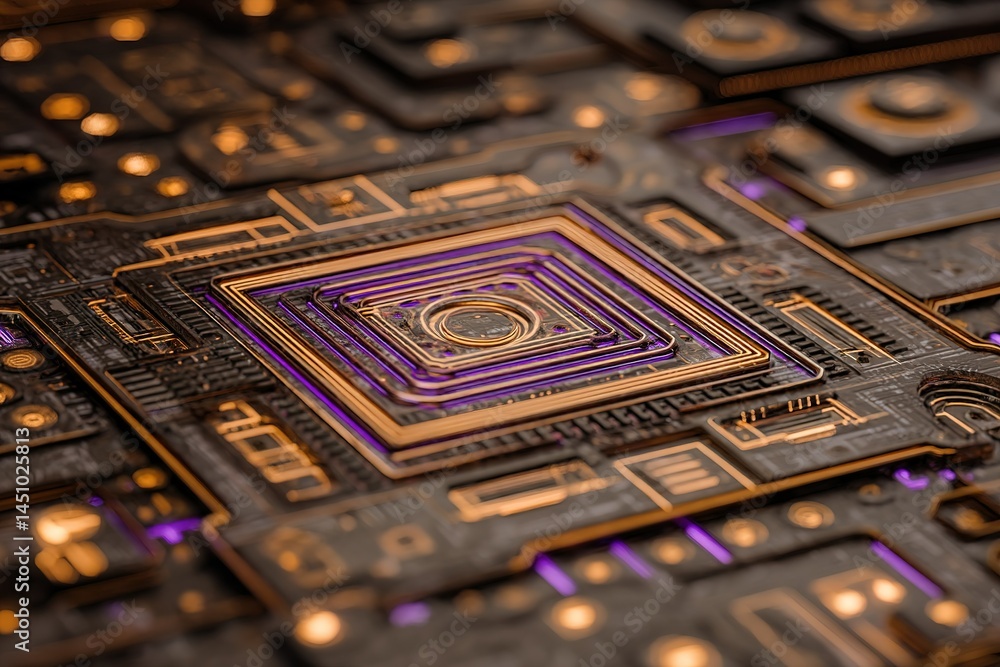 Poster close-up view of a circuit board with intricate patterns and glowing connections highlighting modern