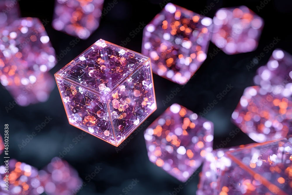 Poster floating cubes with glowing particles create a mesmerizing visual effect in a dark background