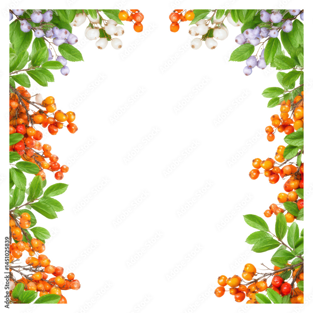 Poster vibrant border of colorful berries and green leaves creating a natural frame for background design, 