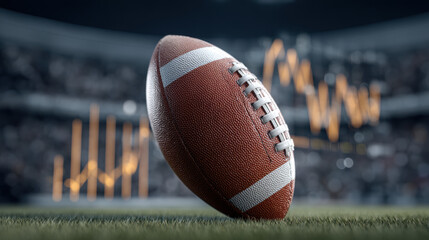 A detailed shot of a football on the grass field with a financial graph displayed behind it, suggesting a link between sports and finance for betting concepts.
