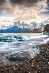 Wave crashing at the foot of Torres del Paine