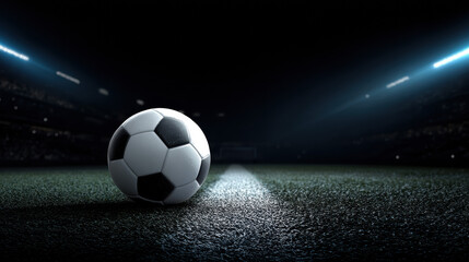 Naklejka premium A classic soccer ball rests on the grass of a brightly lit stadium field ready for an exciting match with fans awaiting the kickoff in the darkened stands beyond.
