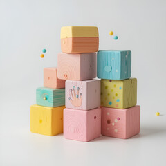 Pastel-colored wooden blocks arranged in a playful, haphazard stack on a minimalist white surface, suggesting creativity and childhood development