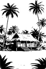 Hand-drawn illustration of a rustic hut on a tropical island, lined with tall palm trees. Captures the essence of solitude, tranquility, and island life.