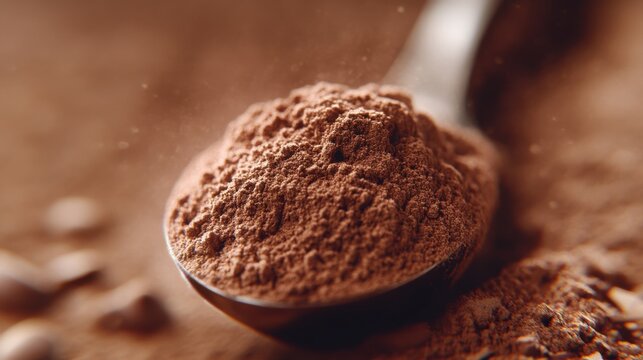 Measuring spoon filled with chocolate protein powder