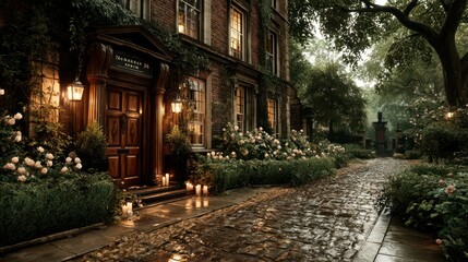 Fototapeta premium Enchanting Evening at a Classic Estate with Cobblestone Pathway and Lush Gardens