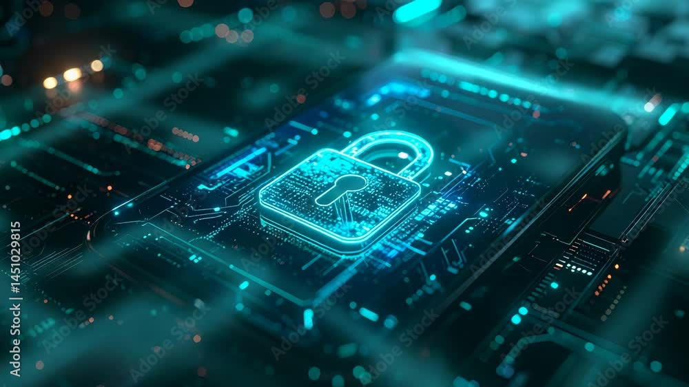Canvas Prints glowing neon padlock icon on smartphone screen with circuit board background
