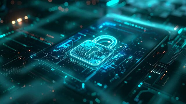 Glowing Neon Padlock Icon on Smartphone Screen with Circuit Board Background