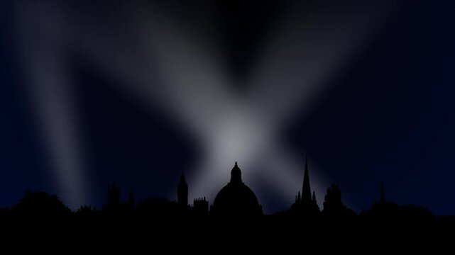 World War II second world war London city skyline lit up by powerful sweeping searchlights with a night time sky during a bombing raid Blitz  animation background 4K