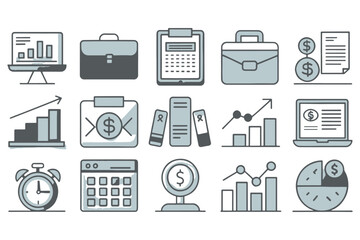 collection of business and finance icons such as graphs, money, briefcase, calculator, and more, perfect for financial themes, icon set
