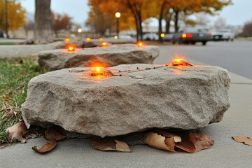 Low-level, warm-toned lights embedded in large rocks along a curb, illuminating a walkway. Autumn leaves litter the ground. Blurred street scene in the background