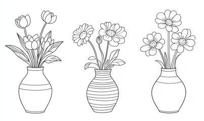 Three vases of flowers in a line drawing style.  Each vase holds a different bouquet of flowers, including tulips, daisies, and other blossoms.   © Mufarokah