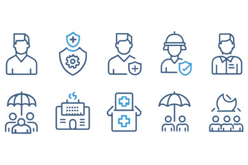 employee insurance including healthcare, workplace protection, and coverage, ideal for corporate use, icon set