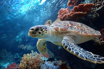 Fototapeta premium A sea turtle gracefully swims in the deep blue ocean, surrounded by vibrant coral reefs. The turtle's shell is patterned, adding to its natural beauty, with sunlight filtering down