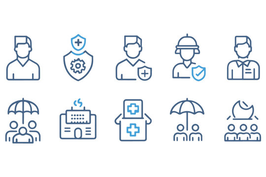 employee insurance including healthcare, workplace protection, and coverage, ideal for corporate use, icon set