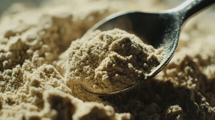 Measuring Spoon Resting on Protein Powder Heap Ultr