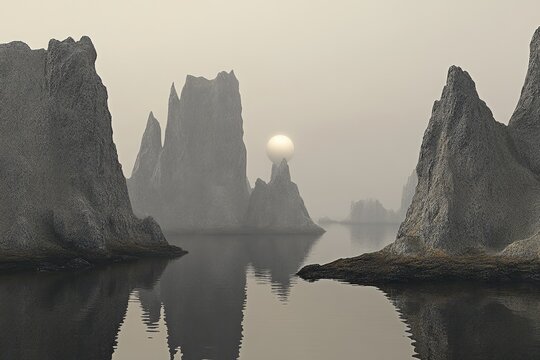 Misty, serene landscape of towering rock formations reflecting in a calm body of water at sunrise.  Gray rocks and fog create a tranquil, almost ethereal atmosphere - Powered by Adobe