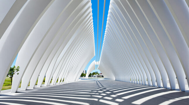 modern white architectural structure with curved lines and sunlight shadows - Powered by Adobe