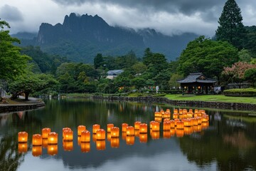 Fototapeta premium Peaceful lake scene at dusk, lanterns float on water, mountains in background. Lush green trees and a traditional Japanese structure are visible