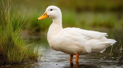 Obraz premium White beautiful duck stands in water in a small pond in the natural environment