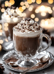 Cozy Hot Chocolate With Whipped Cream and Chocolate Sprinkles on Seasonal Decor generated with AI