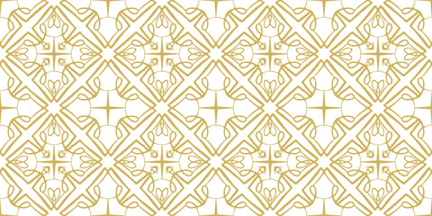 Elegant golden brown vector hand drawn seamless pattern with decorative whimsical rhombus motif. Ethnic light yellow oriental ornament for Arabic textile design, wrapping paper, traditional surface