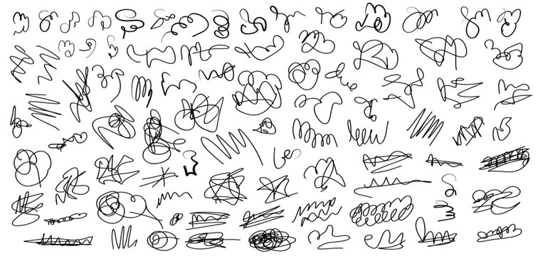 Set of vector digital hand drawn black messy lines swirls, glyphs, sprawling signatures, squiggles, strokes scribbles for advertisement, mental struggling concept