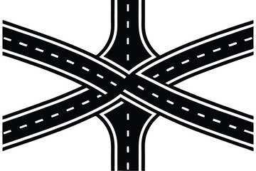  Roads converging, aerial view, highway intersection, fork in the road, multiple lanes, white road markings, asphalt texture, geometric patterns, minimalist design, black and white, high contrast