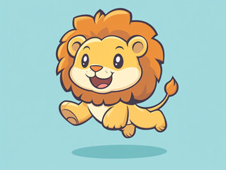 A cute cartoon lion is jumping with a simple drawing style and flat design illustration. The background is light yellow, and the lion has an adorable face with large eyes, giving it a friendly appeara