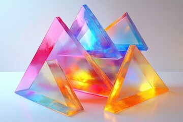 A vibrant arrangement of iridescent triangular prisms, showcasing colorful light refraction and geometric beauty.