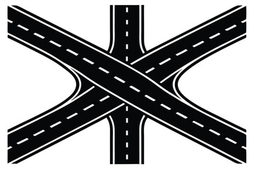 Naklejka premium Roads converging, aerial view, highway intersection, fork in the road, multiple lanes, white road markings, asphalt texture, geometric patterns, minimalist design, black and white, high contrast