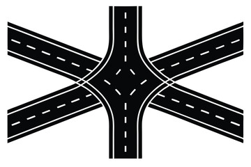 Fototapeta premium Roads converging, aerial view, highway intersection, fork in the road, multiple lanes, white road markings, asphalt texture, geometric patterns, minimalist design, black and white, high contrast
