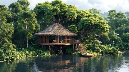Obraz premium Serene Treehouse Retreat In Lush Tropical Forest With Calm Lake High Resolution Photo