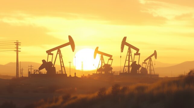 Oil rigs pumps pump jacks in the desert steppe pump oil against the backdrop of sunset drill baby