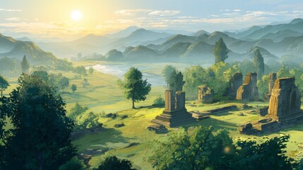 A stunning landscape of ancient ruins bathed in the warm glow of sunrise