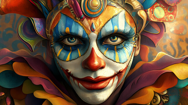 Colorful harlequin mask playful trickster costume and festival traditions. [Electric Myths] | Plasma Satyrs | lively tricksters. Illustration