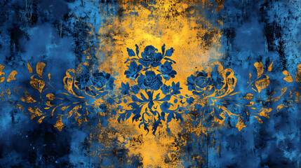 Colorful blue and yellow floral wallpaper with a seamless pattern. [Corroded Realms] | Rust Kingdoms | decayed royalty. Illustration