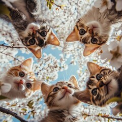 Adorable kittens gathered, looking up with curiosity amidst blossoming flowers, creating a charming scene