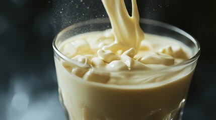 Pouring vanilla protein powder into a glass of milk