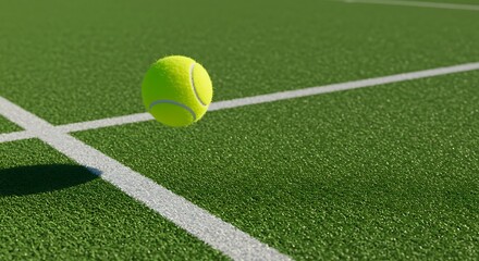 A close-up of a tennis ball bouncing on a freshly prepared court, with the lines clearly visible