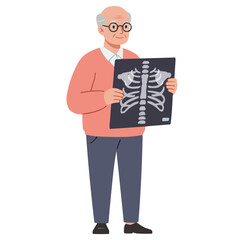 Elderly man holding x-ray - senior man carefully examining x-ray under lamp light, his wrinkled face reflecting experience and health concerns.