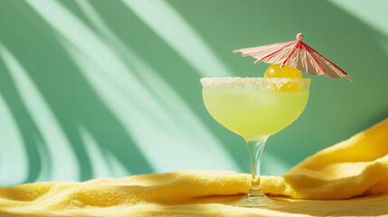 Giant Pastel Green Margarita Glass with Tiny Beach Ball.Whimsical Cocktail Flat Lay, Mini Umbrella Drink on Yellow Towel, Copy Space.Vip pack  Mockup Ready.Summer Advertising, Social Media Content.