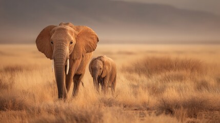 Obraz premium A majestic mother elephant and her calf walking through the savanna, exuding grace and tenderness. Their gentle presence against the golden landscape inspires awe and connection