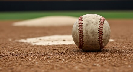 A close-up of a baseball resting on the mound, with the pitcher's rubber clearly visible in the background