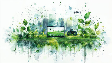 Urban farming, technology, and sustainability.  Green agriculture, futuristic approach to farming.  Connected rural and urban environments