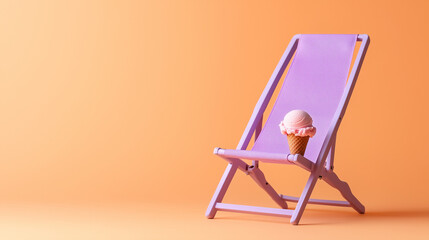 Pastel Purple Beach Chair with Pink Ice Cream.Whimsical minimal creative Summer Still Life on Orange Background, Copy Space,flat lay.Vip pack Mockup Ready.Social Media Content, Playful Advertising Des